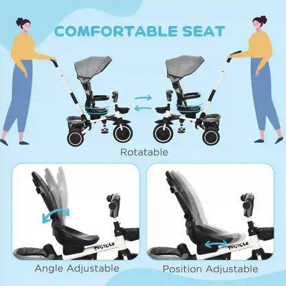 6-in-1 Toddler Tricycle, Adjustable Seat, Push Handle, Grey Tricycles for Kids at Gallery Canada