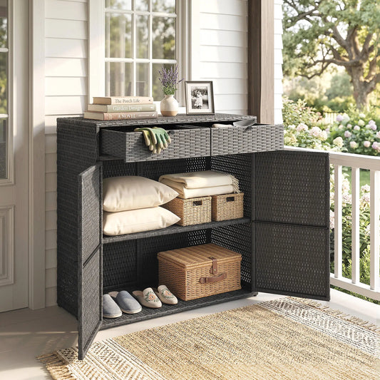 Wicker Outdoor Storage Cabinet, 2 Doors, Drawers, 2-Tier Shelf, Dark Grey Patio Storage Boxes Dark Grey, Black at Gallery Canada