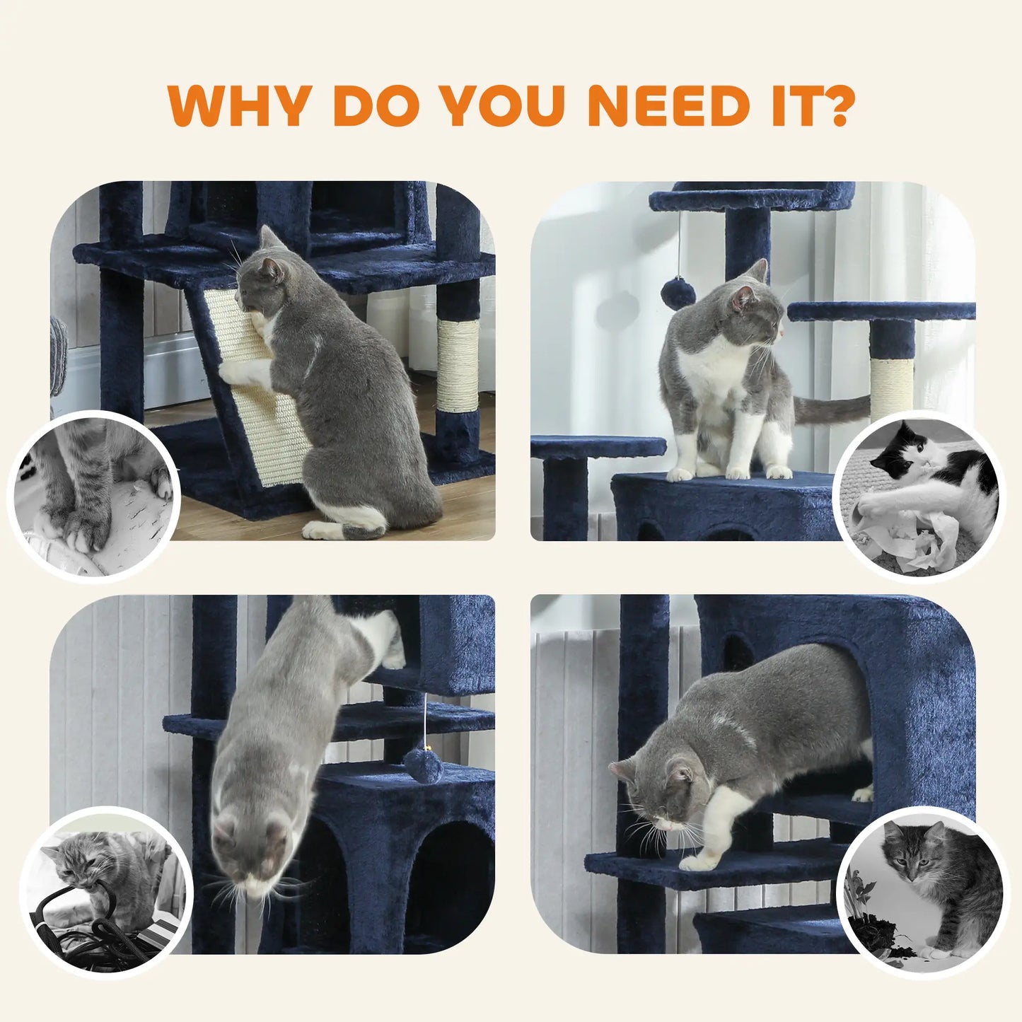 63" Cat Tree, Multi-Level Tower, Scratching Posts, Condos, Bed, Dark Blue