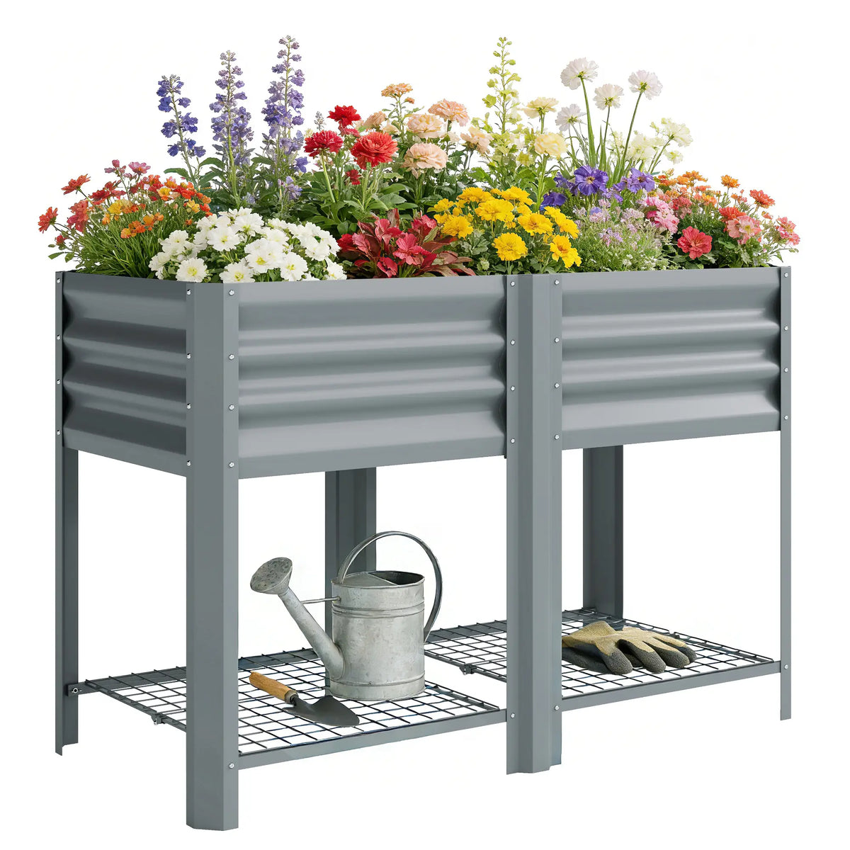 Lit de jardin surélevé avec étagère de rangement à pieds 31,5" Gris argenté, Gris argenté
