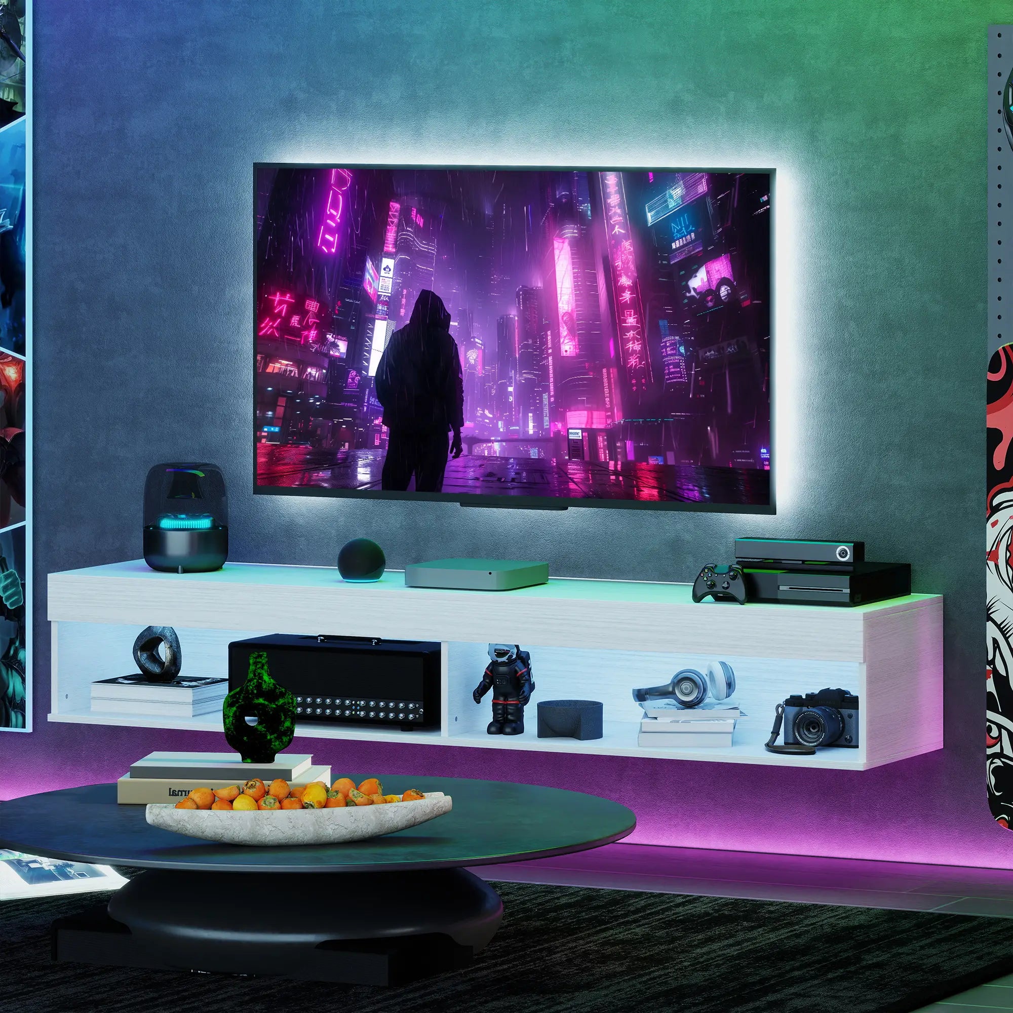 Wall Mounted TV Stand With Storage, LED Lights, For TVs Up To 75