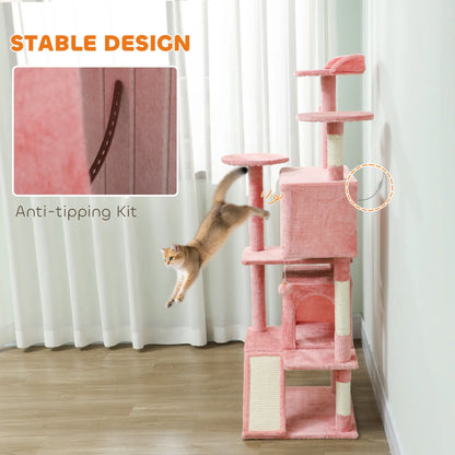 63" Cat Tree, Multi-Level Tower With Scratching Posts, Condos, Bed, Pink