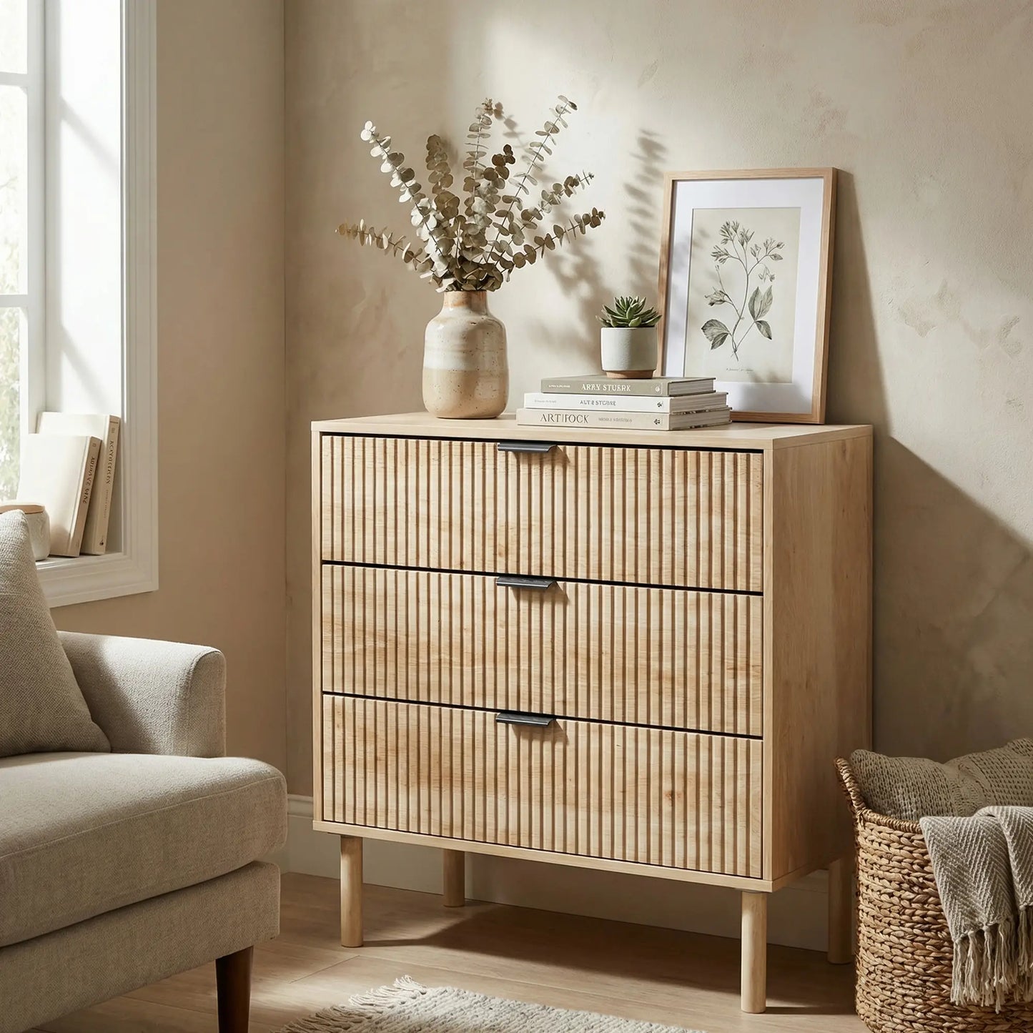 3 Drawer Dresser, Fluted Panels, Solid Wood Legs, Oak Storage Cabinets at Gallery Canada