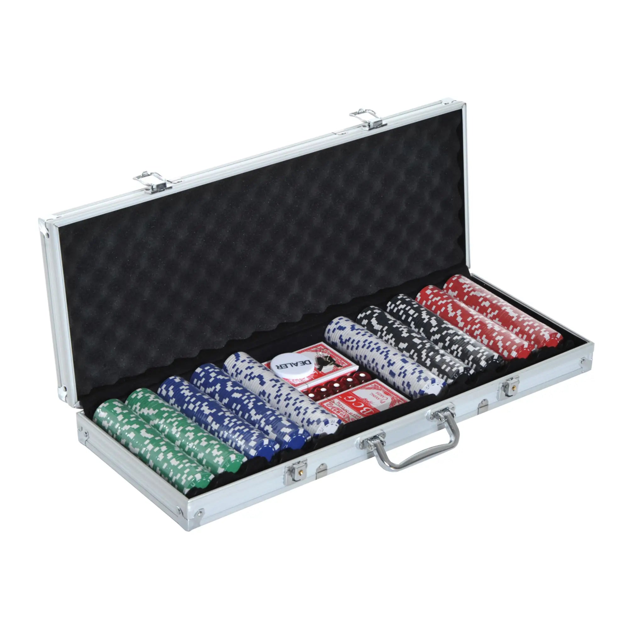 11.5 Gram Poker Chips Set, Aluminum Case, 500 Striped Dice, 2 Card Decks, Silver Game Tables Silver case, multicolor poker chips (Black/ white/ Red/ Blue/Green) at Gallery Canada