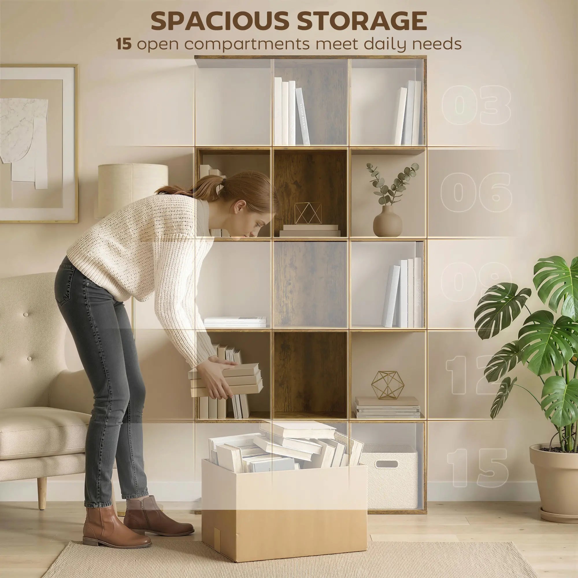 5-Tier S-Shaped Bookshelf, 15 Compartments, Rustic Brown, Rustic Brown Display Bookshelves at Gallery Canada