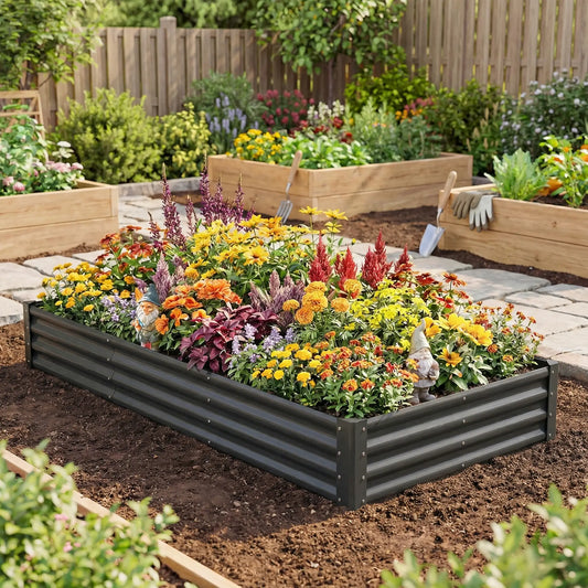 8x4x1ft Galvanized Raised Garden Bed, Reinforced Planter Box, Dark Grey Galvanized Planter Boxes Dark Grey at Gallery Canada
