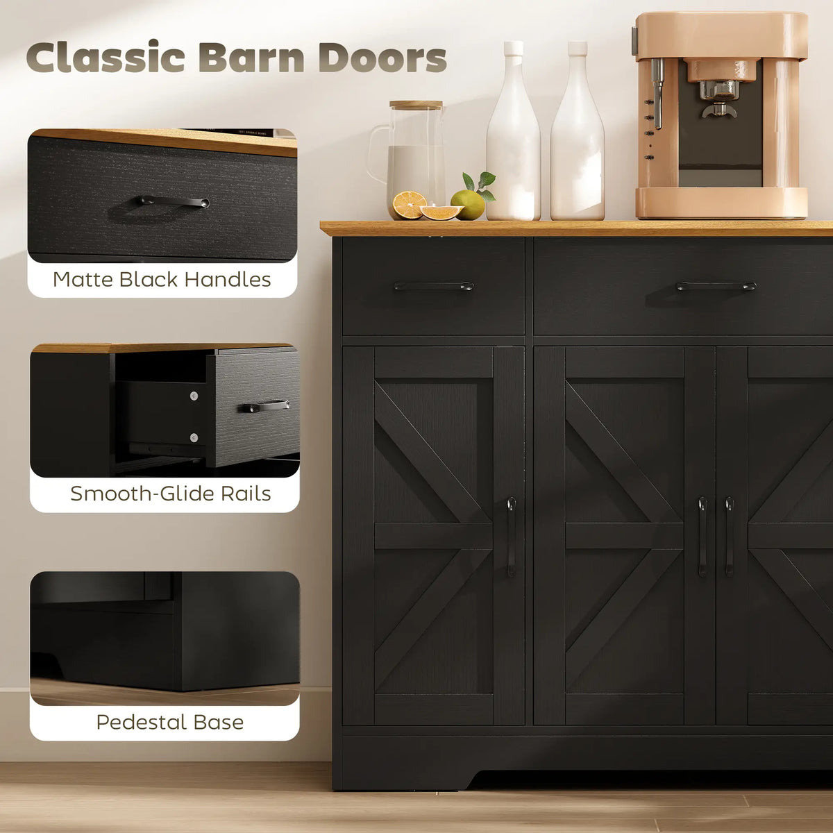 47" Buffet Cabinet, Farmhouse Sideboard, 3 Drawers, Adjustable Shelves, Black Bar Cabinets at Gallery Canada