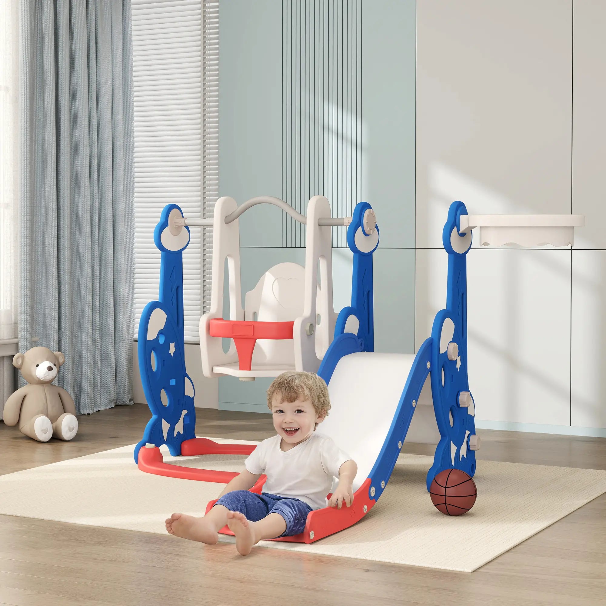 4-in-1 Slide, Swing Set, Basketball Hoop, Climber, Ages 1.5-4, Dark Blue Gym Sets & Swings at Gallery Canada