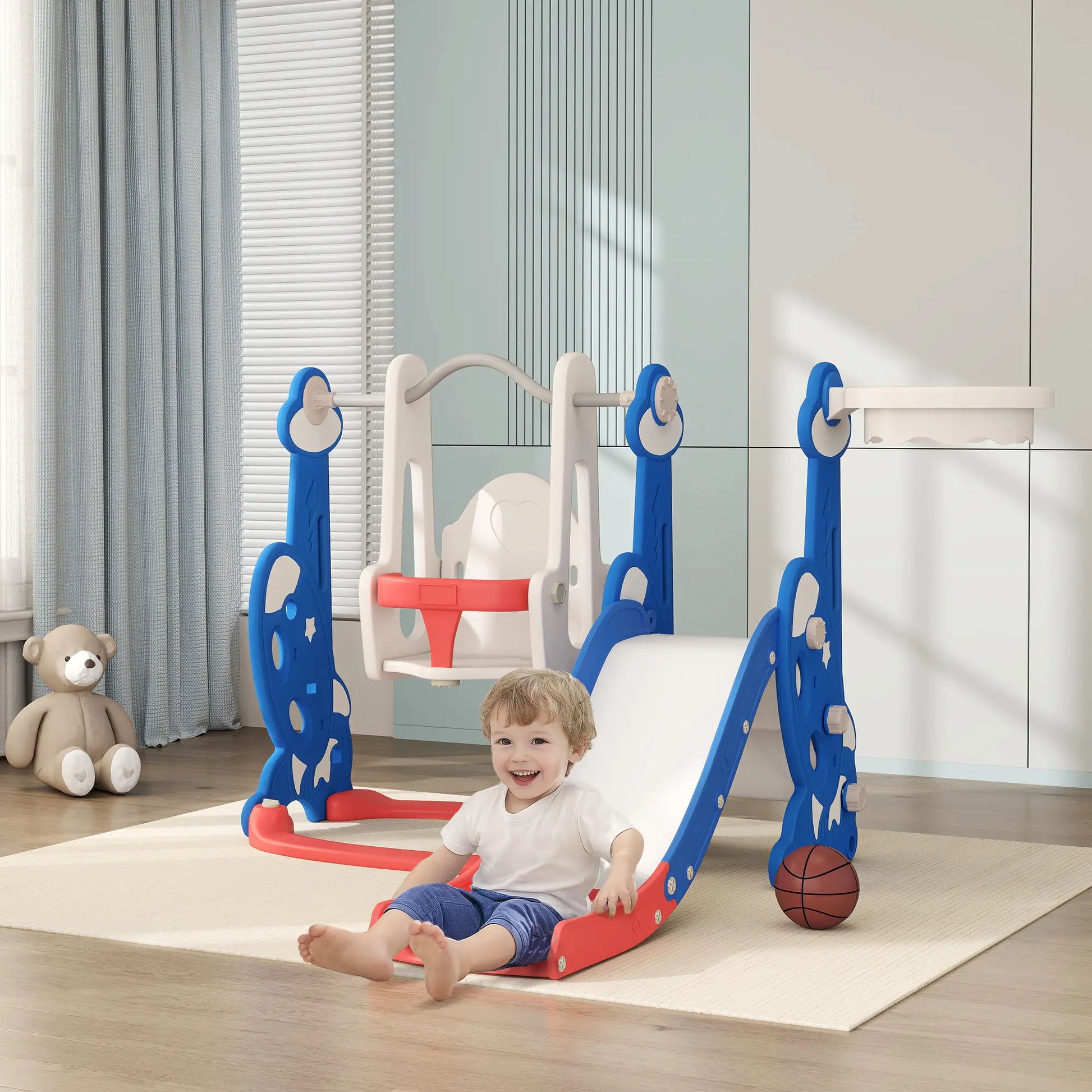4-in-1 Slide, Swing Set, Basketball Hoop, Climber, Ages 1.5-4, Dark Blue Gym Sets & Swings at Gallery Canada