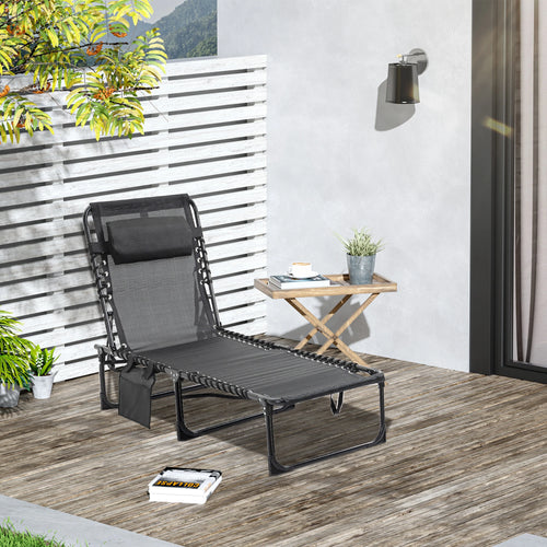 Outdoor Folding Chaise Lounge, Adjustable Backrest, Removable Pillow, Black