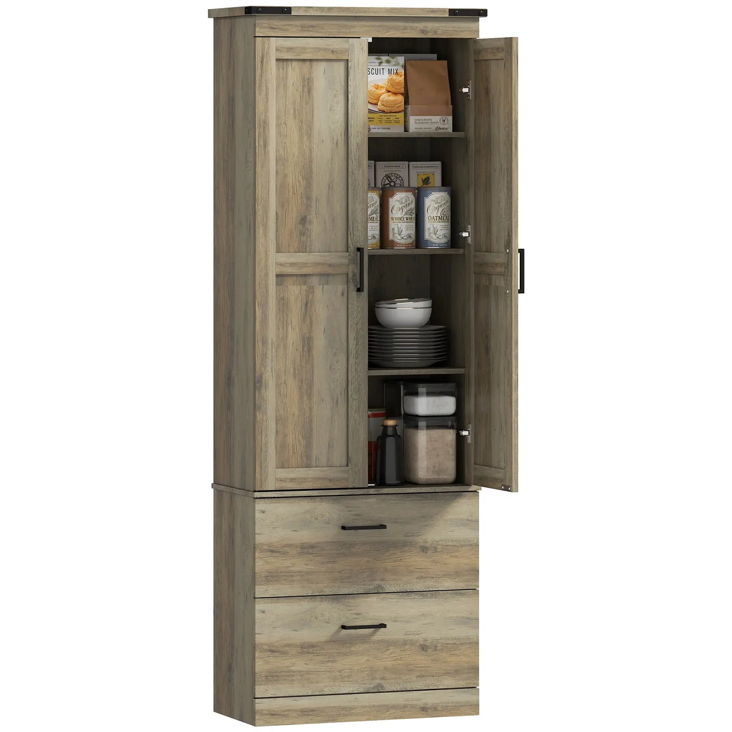 67" Tall Kitchen Pantry Cabinet, Doors, Drawers, Adjustable Shelves, Grey Brown Kitchen Pantry Cabinets at Gallery Canada