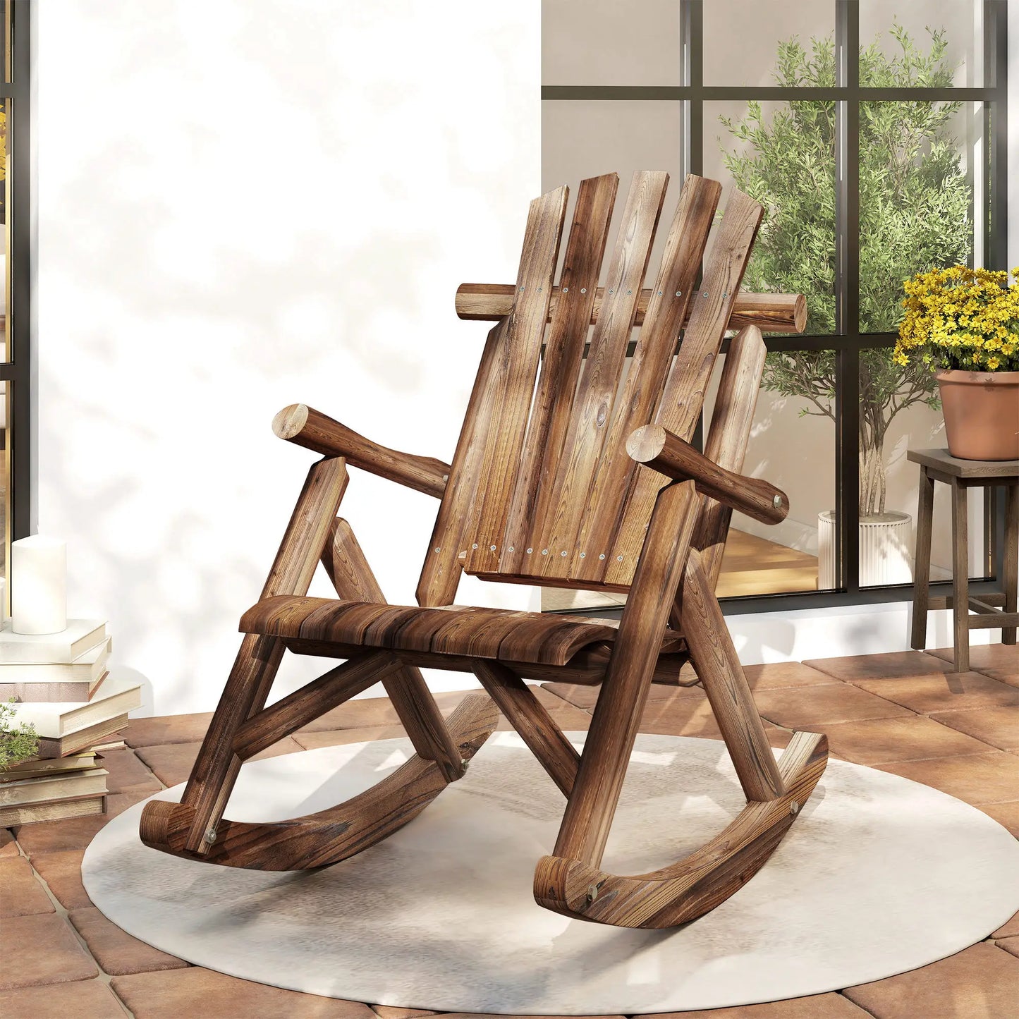 Wooden Outdoor Rocking Chair, Oversized Adirondack Patio Rocker, Carbonized