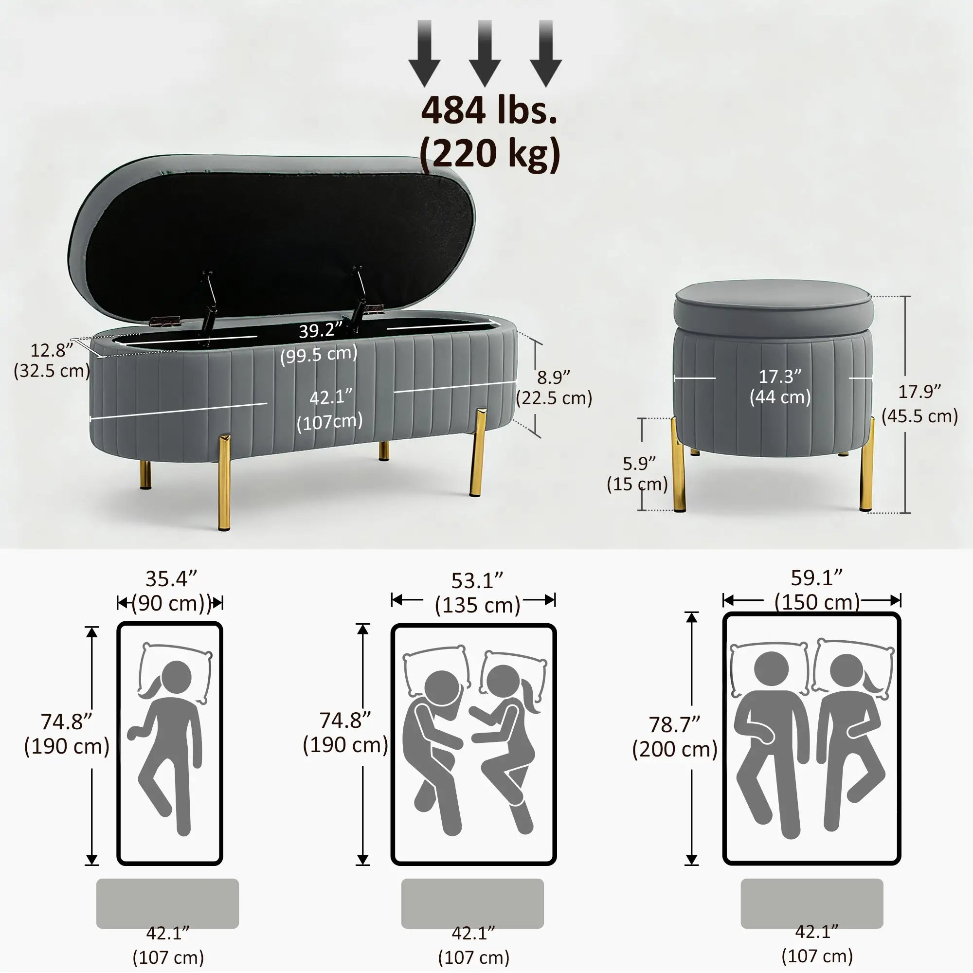 Upholstered Channel Tufted Ottoman Bench, Thick Padding, Metal Legs, Grey Storage Ottomans & Benches at Gallery Canada