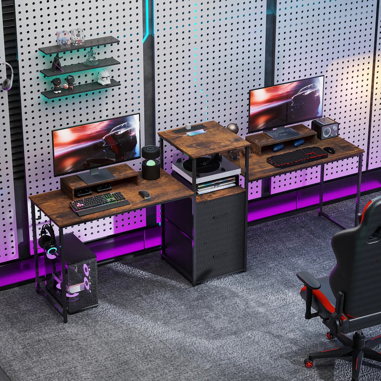 96 Inch Gaming Desk, Dual Computer Desk, Rustic Brown, Brown