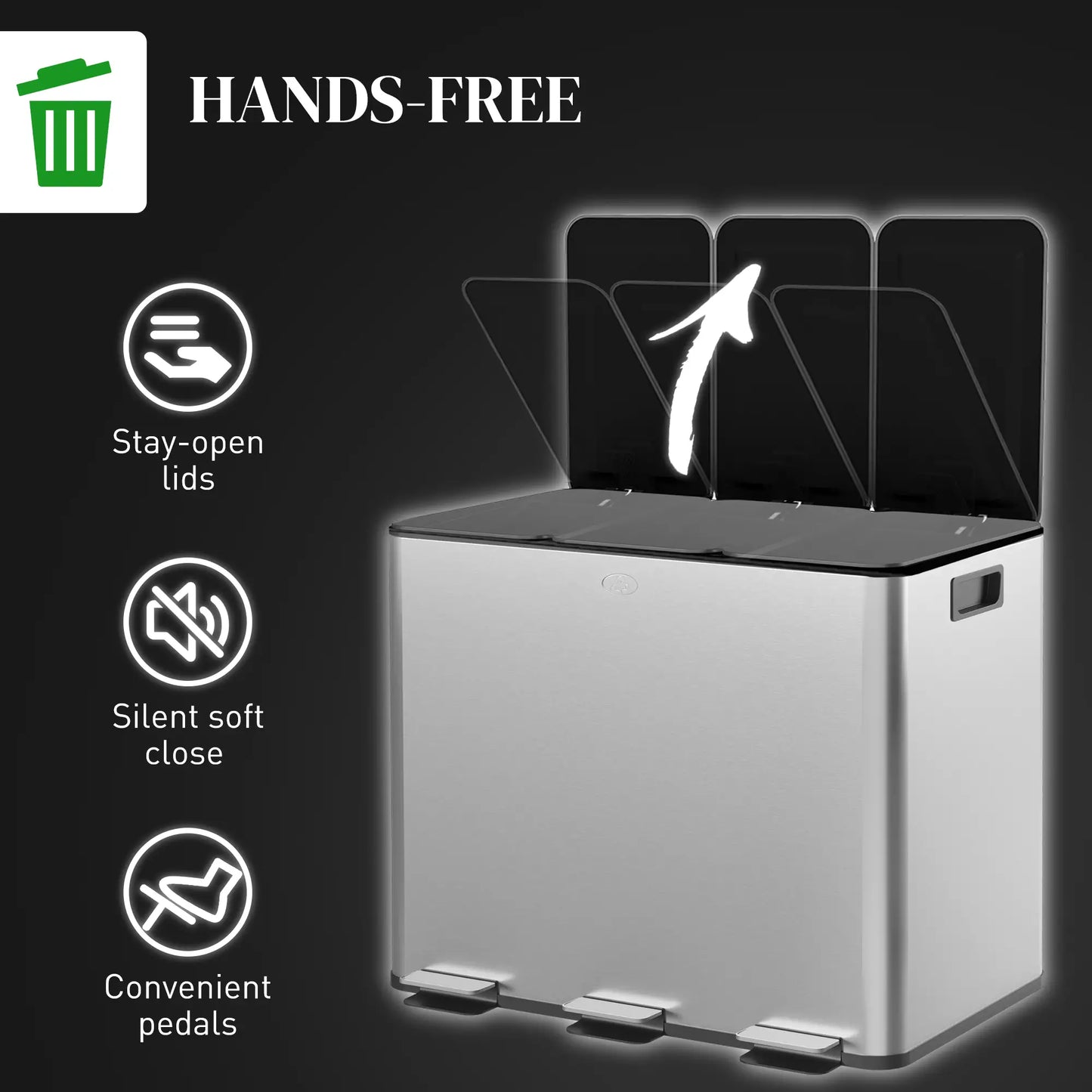 Triple Garbage Bin, Soft Close Trash Can, 3 x 20 Liter, Silver Household Supplies at Gallery Canada