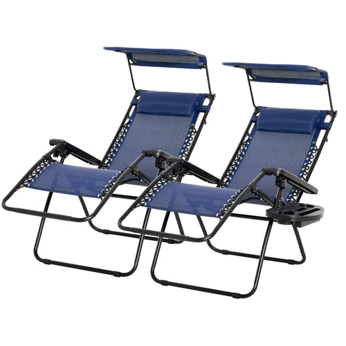 Foldable Lounge Chair with Canopy, Outdoor Zero Gravity Chair, Side Tray, Cup Holder, Blue