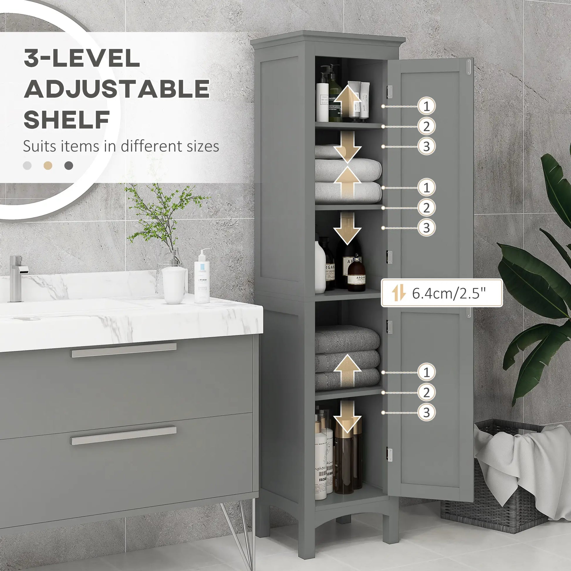 Tall Bathroom Cabinet, Freestanding Storage, Adjustable Shelves, 15" x 13" x 63", Grey Bathroom Cabinets at Gallery Canada