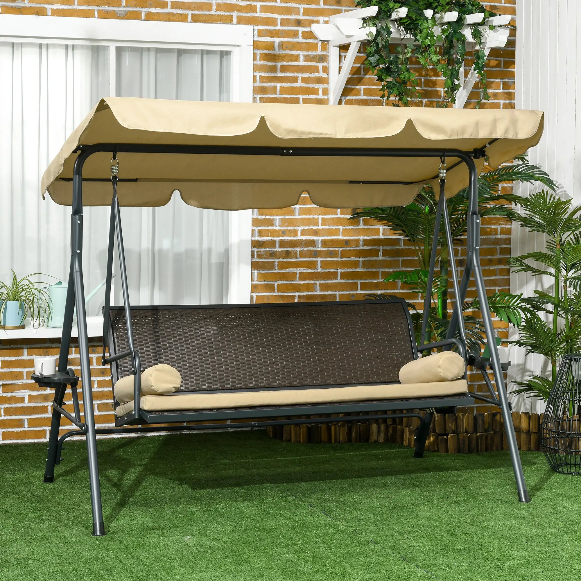 3-Seat Porch Swing with Canopy, Rattan Seat, Removable Cushion Patio Swings with Stand at Gallery Canada