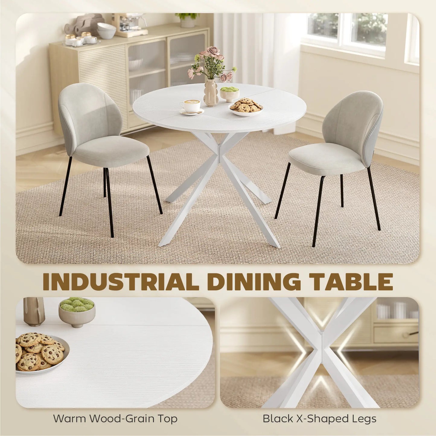 40" Round Kitchen Table For 4, Industrial Dining Table, White Oak, White Dining Tables at Gallery Canada