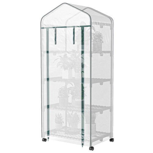 Portable Greenhouse, 4 Tier Shelves, PE Cover, White