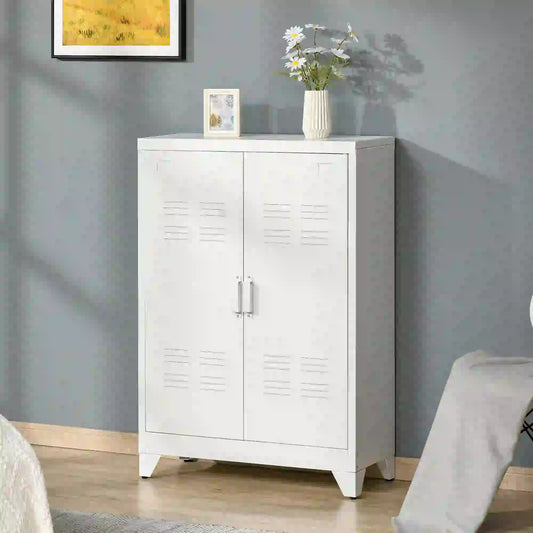 Metal Storage Cabinet, 2 Louvered Doors, Adjustable Shelves, White Storage Cabinets White at Gallery Canada