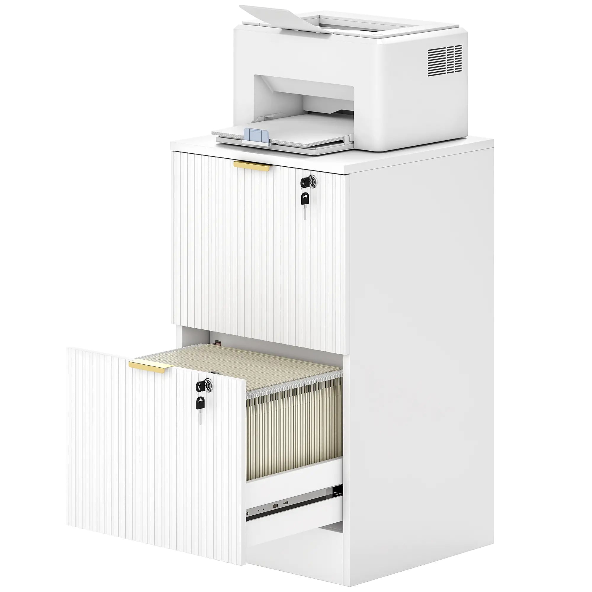 Lockable Filing Cabinet, 2 Fluted Drawers, Adjustable Hanging Rails, White Office Cabinets & Cupboards White at Gallery Canada
