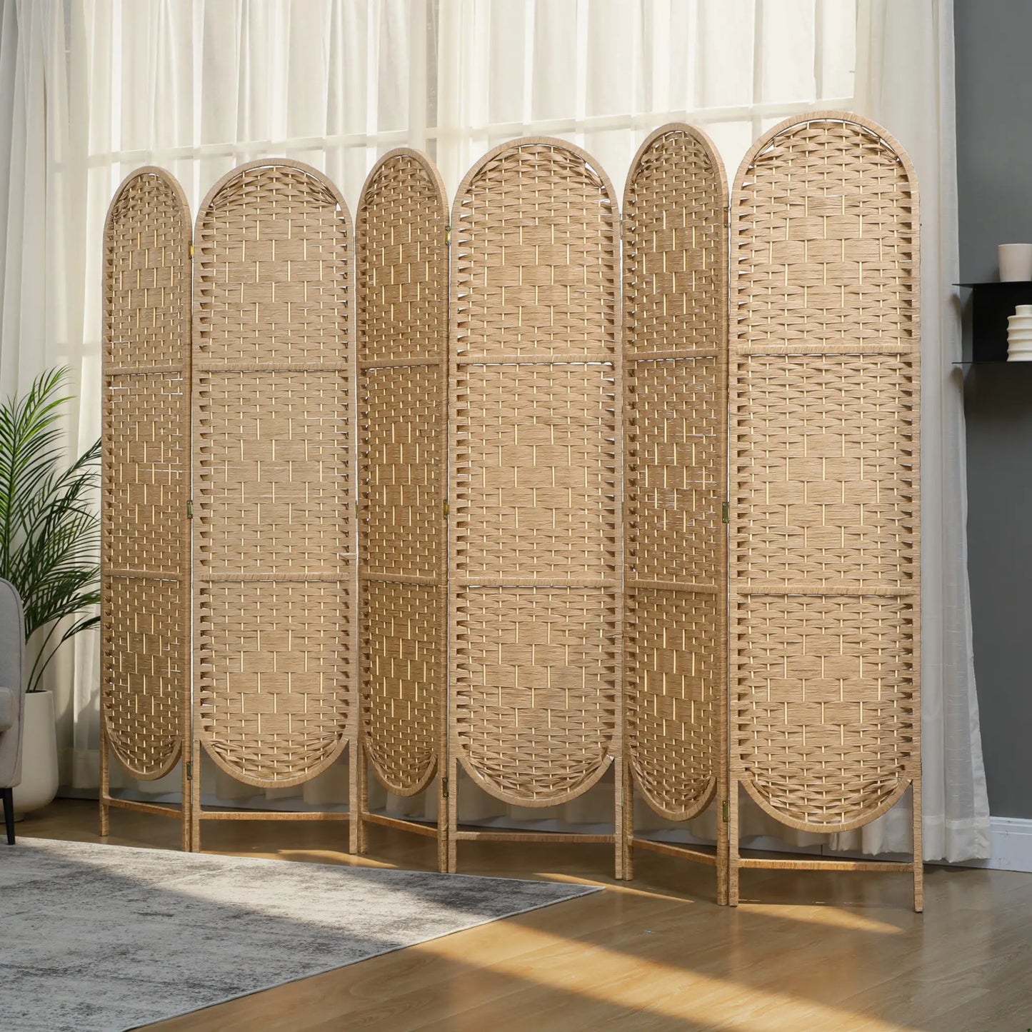 6 Panel Bohemian Privacy Screen, Arched Top Room Divider, Natural Wood