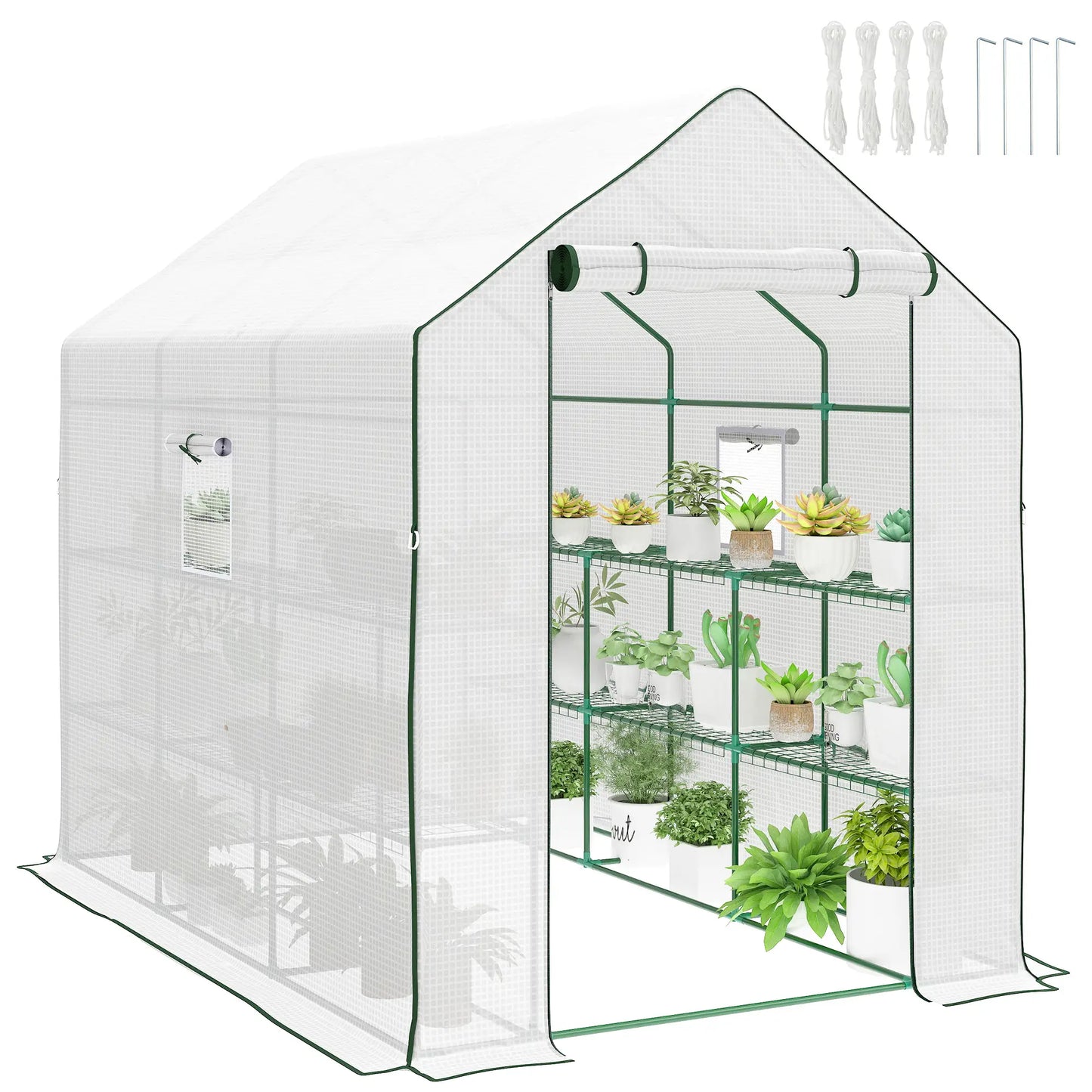Walk-In Greenhouse, 3 Tier, Roll-Up Door, Mesh Windows, 140 x 213 x 190 cm, White