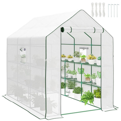 Walk-In Greenhouse, 3 Tier, Roll-Up Door, Mesh Windows, 140 x 213 x 190 cm, White