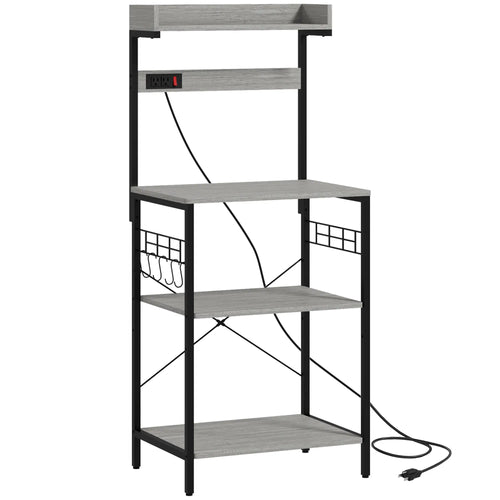 Kitchen Baker's Rack with Power Outlet, Adjustable Shelves, Distressed Grey, Grey