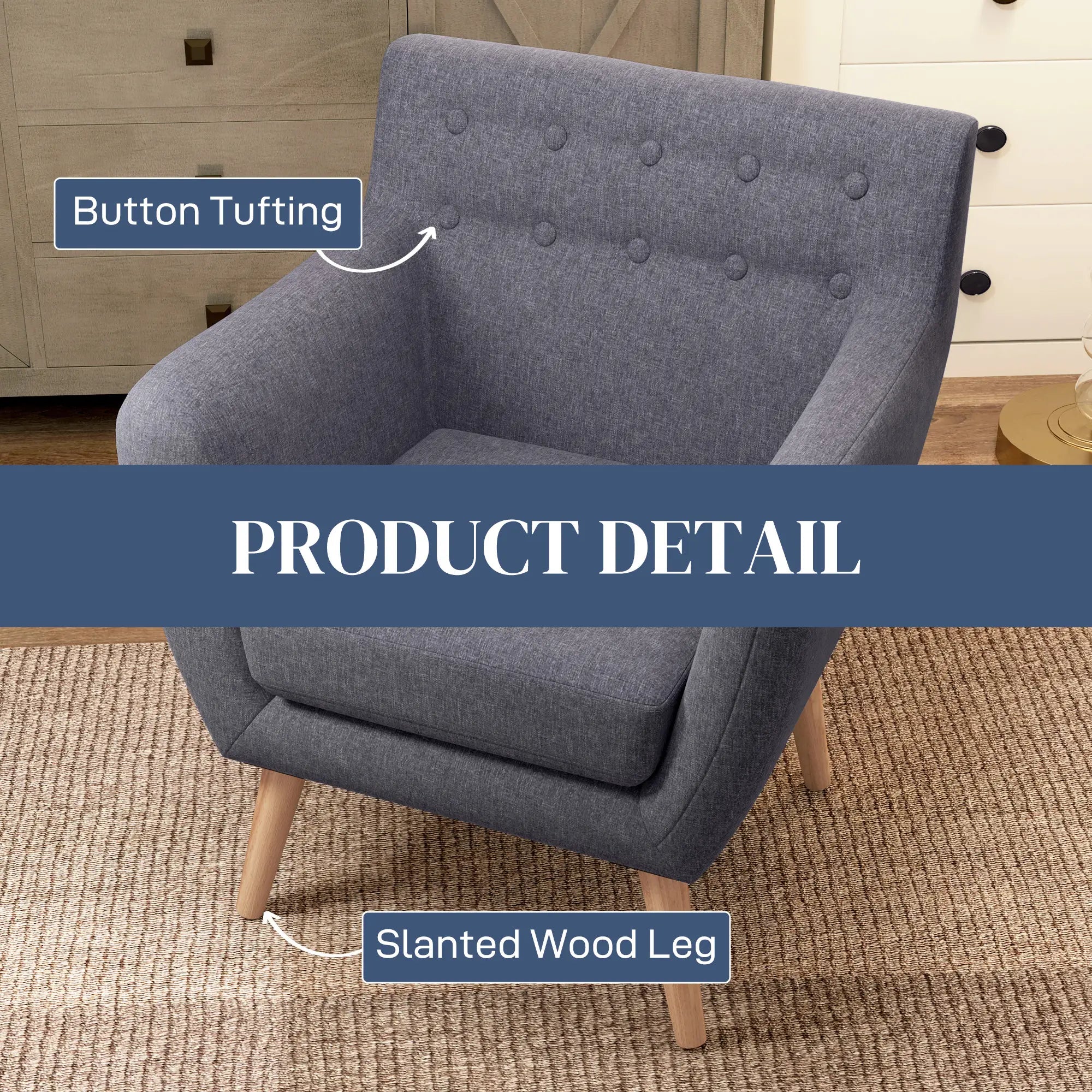 Mid-Century Modern Linen Armchair, Wood Frame, Thick Padding, Light Grey Accent Chairs at Gallery Canada