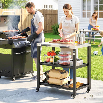 Outdoor Grill Cart, Stainless Steel Tabletop, 2 Shelves, Lockable Wheels