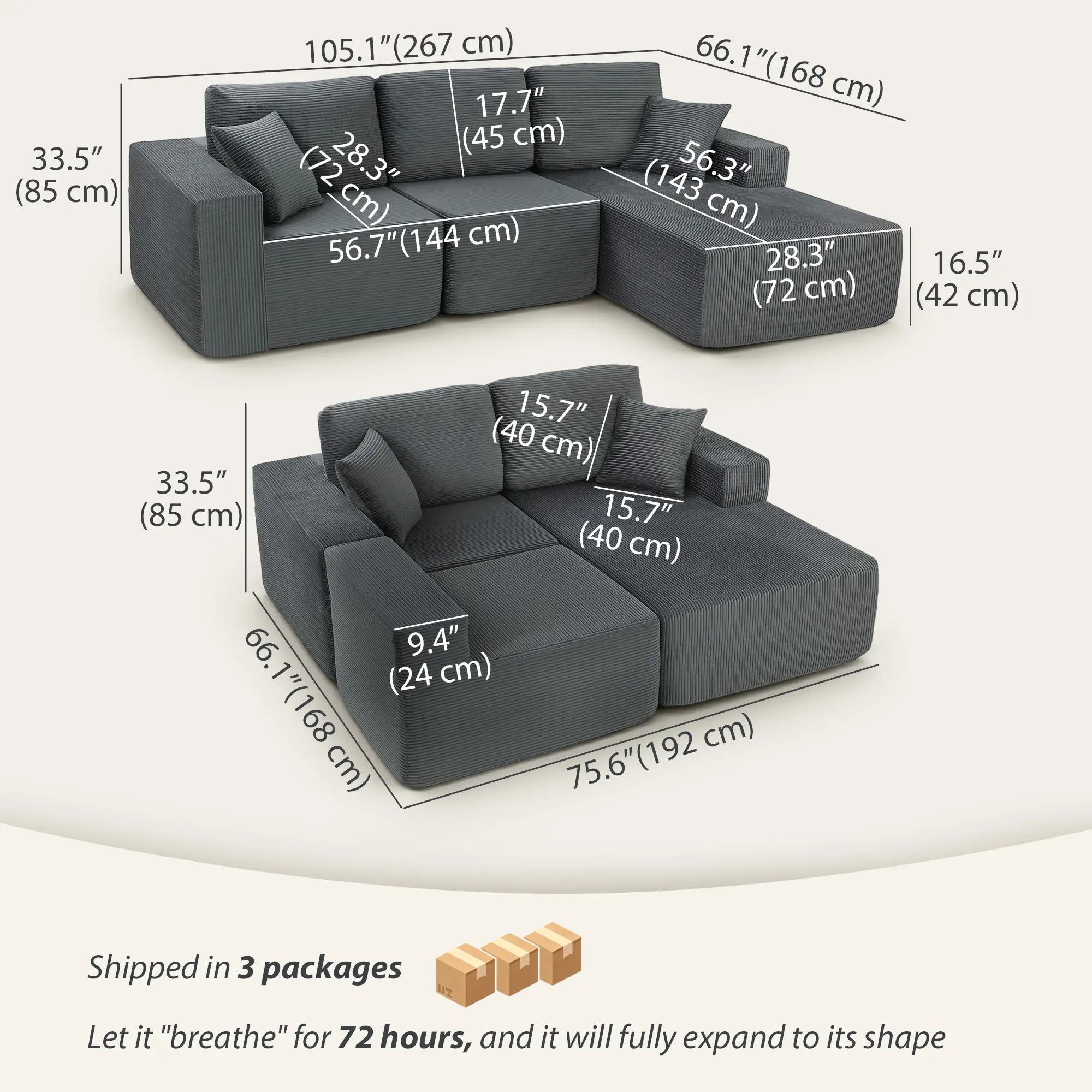 Modular Sectional Sofa Bed, L Shaped Couch, Dark Grey 3-Seater Sofas at Gallery Canada