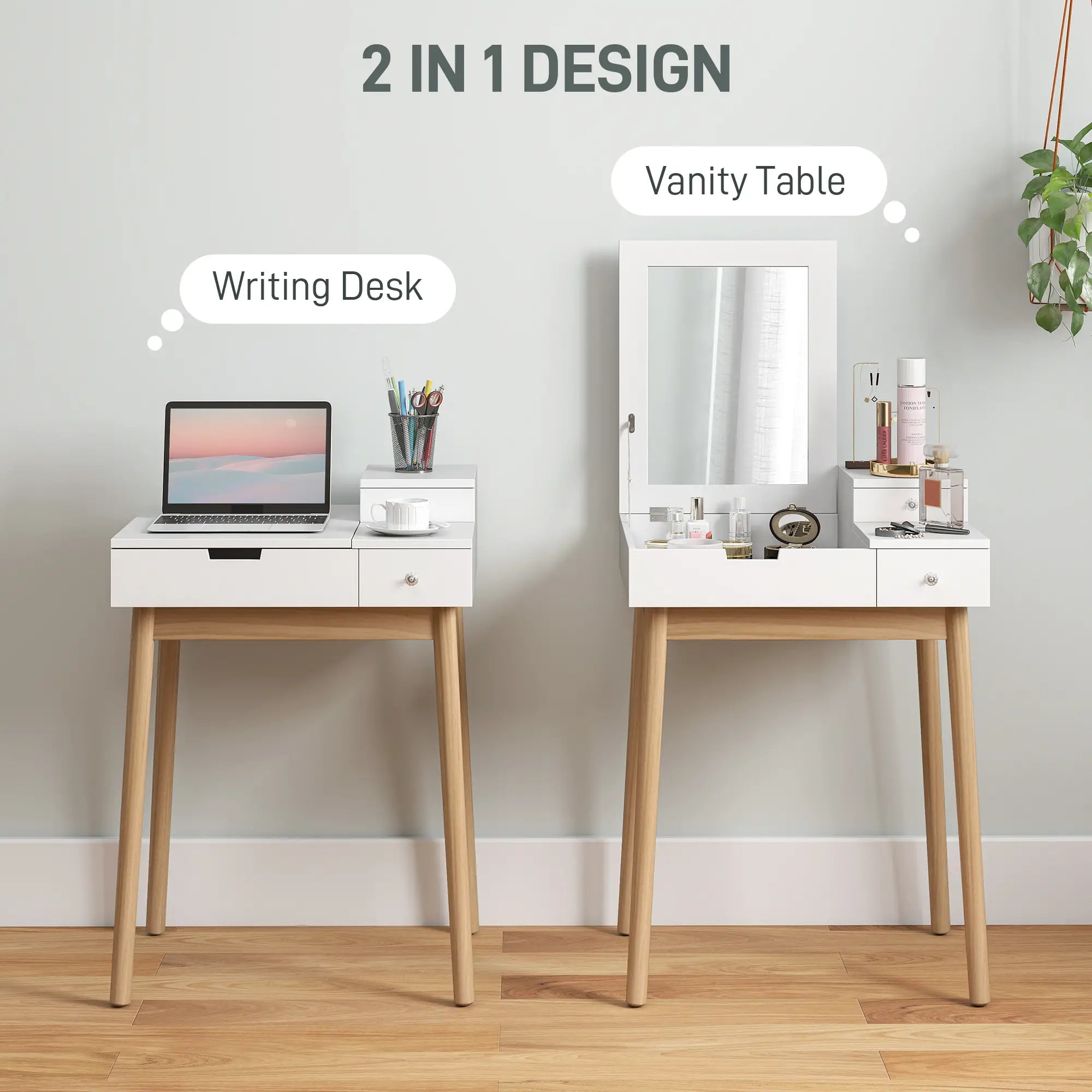 Modern Makeup Vanity Table, Flip-Up Mirror, 2 Drawers, White Dressing & Vanity Tables at Gallery Canada