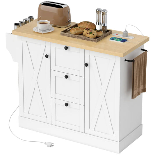 Farmhouse Kitchen Island Cart with Power Outlet, 49 Inch, White Kitchen Islands & Kitchen Carts White, Natural at Gallery Canada