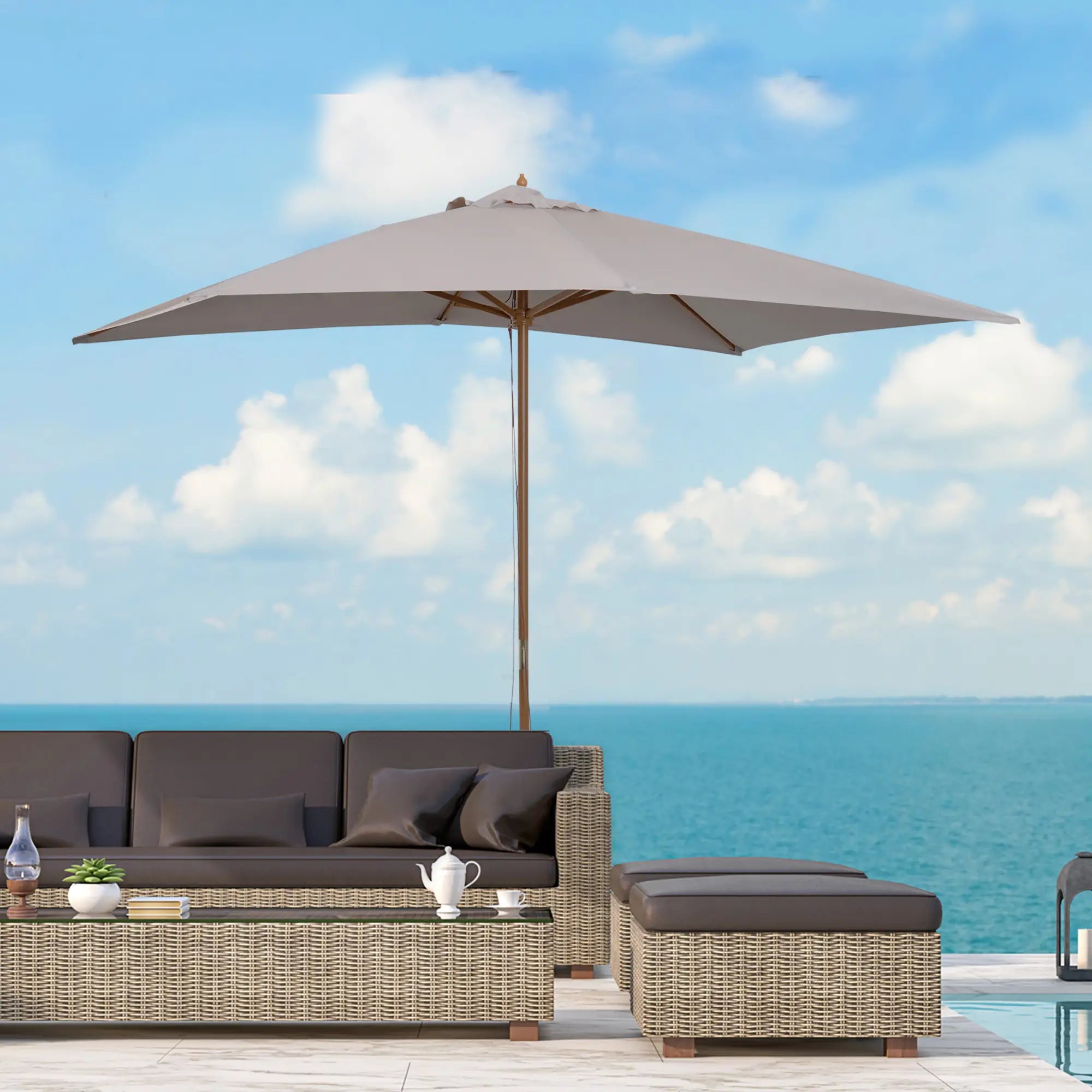 7' x 10' Grey Wooden Patio Umbrella, Rectangle Garden Parasol with Bamboo Ribs, Grey Sun Umbrellas at Gallery Canada