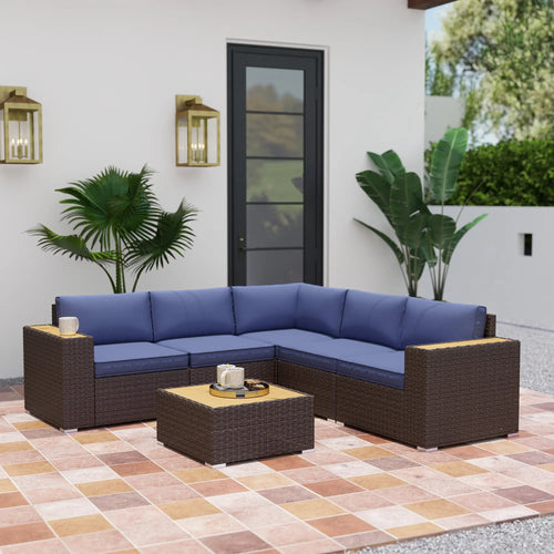 6-Piece Outdoor Rattan Patio Set, Corner Sofa, Wood-Plastic Table, Navy Blue