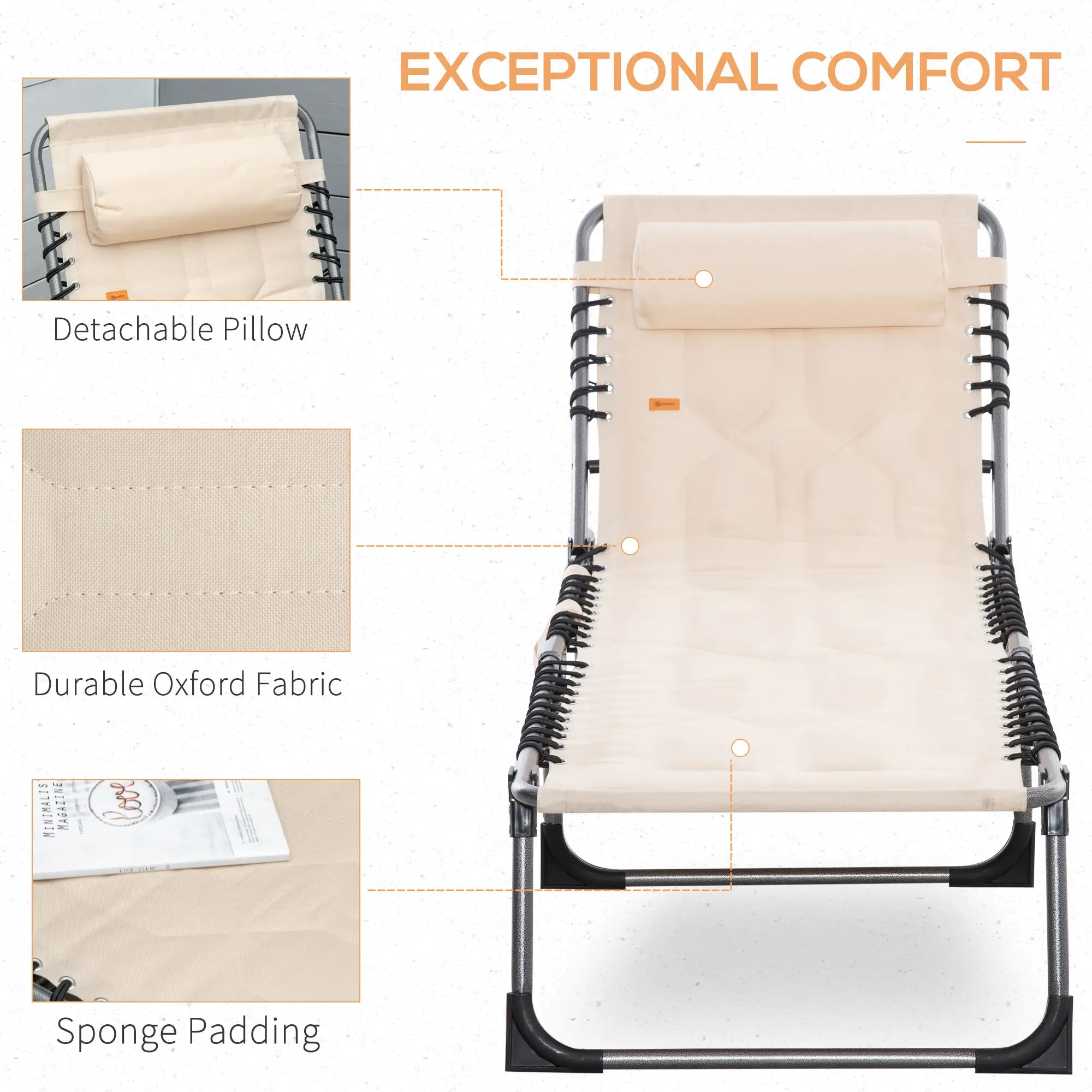 Outdoor Lounge Chair, Folding Chaise, Padded Tanning Chair, 5-Position Adjustable, Beige Lounger Chairs at Gallery Canada