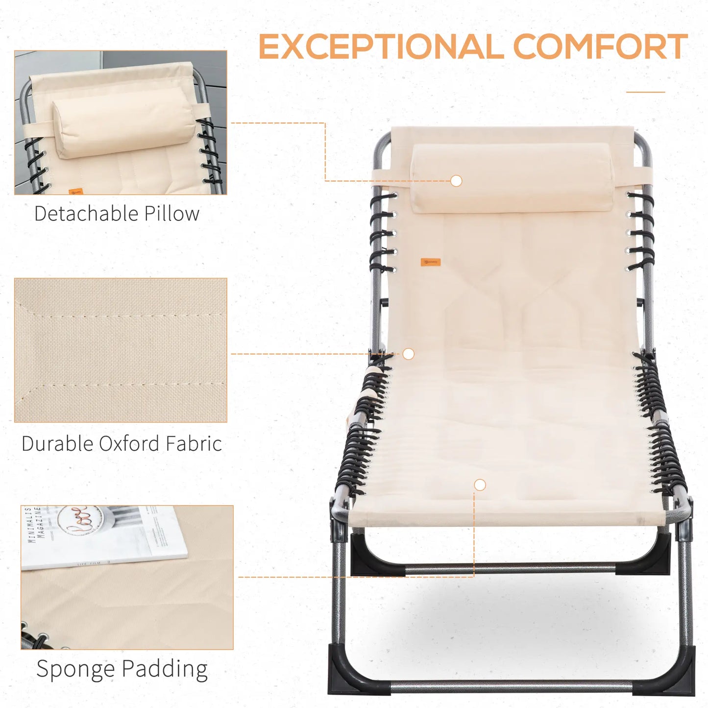 Outdoor Lounge Chair, Folding Chaise, Padded Tanning Chair, 5-Position Adjustable, Beige Lounger Chairs at Gallery Canada