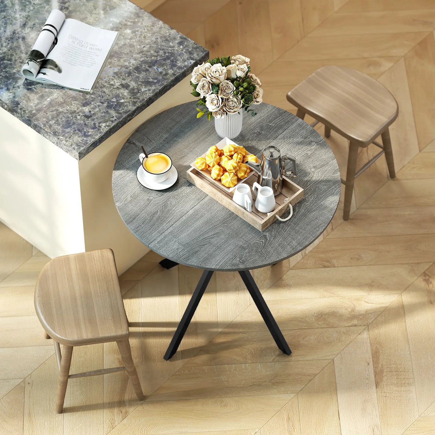 31.5" Industrial Round Dining Table, Distressed Grey Dining Tables at Gallery Canada