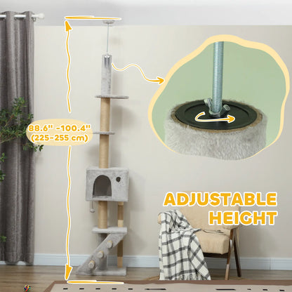 89"-104" Cat Tree, Scratching Post, Cat House, 3-Steps, Hanging Ball, Light Grey Floor to Ceiling Cat Trees at Gallery Canada