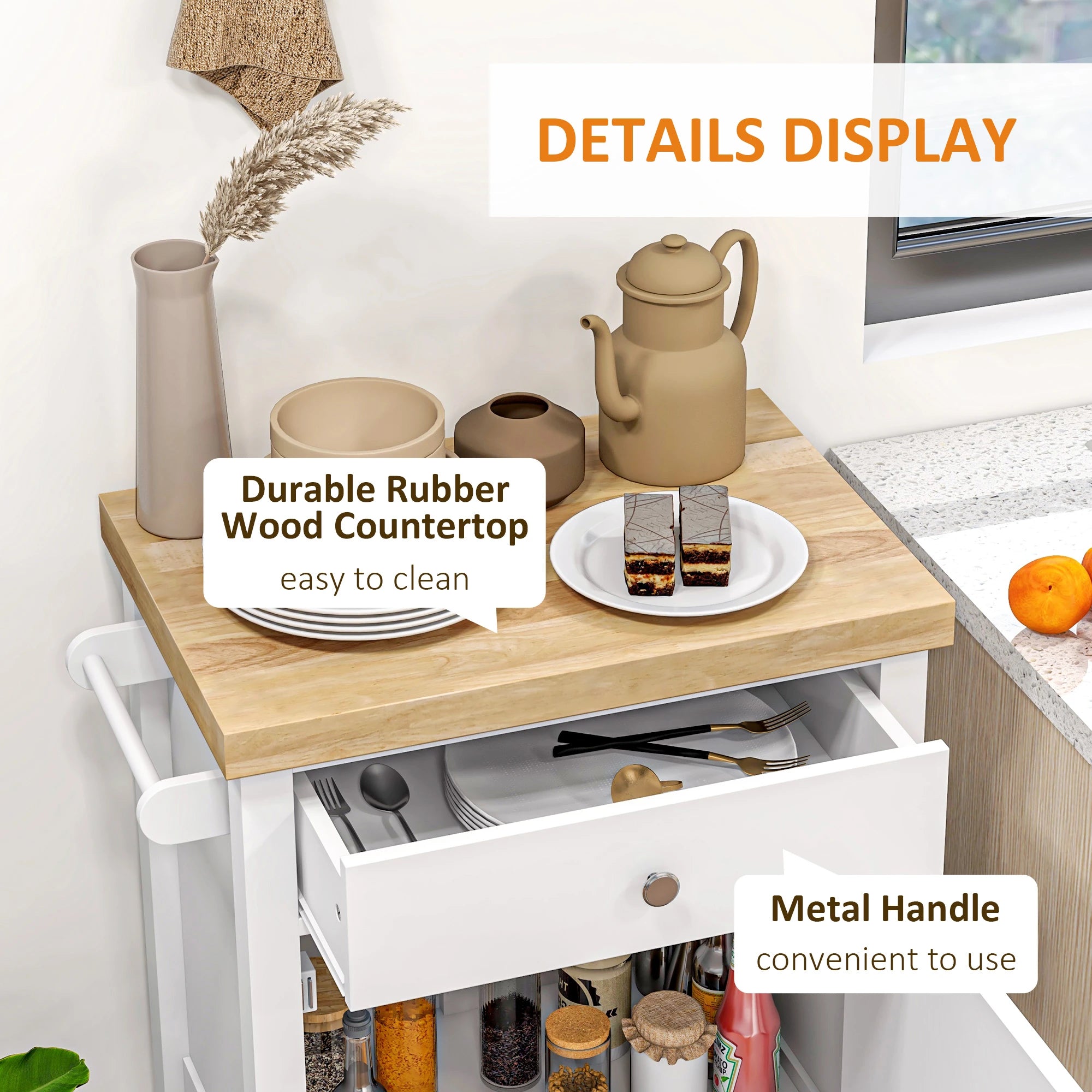 Kitchen Cart on Wheels, Wood Top, Towel Rack, Drawer, Shelf, White Kitchen Islands & Kitchen Carts at Gallery Canada