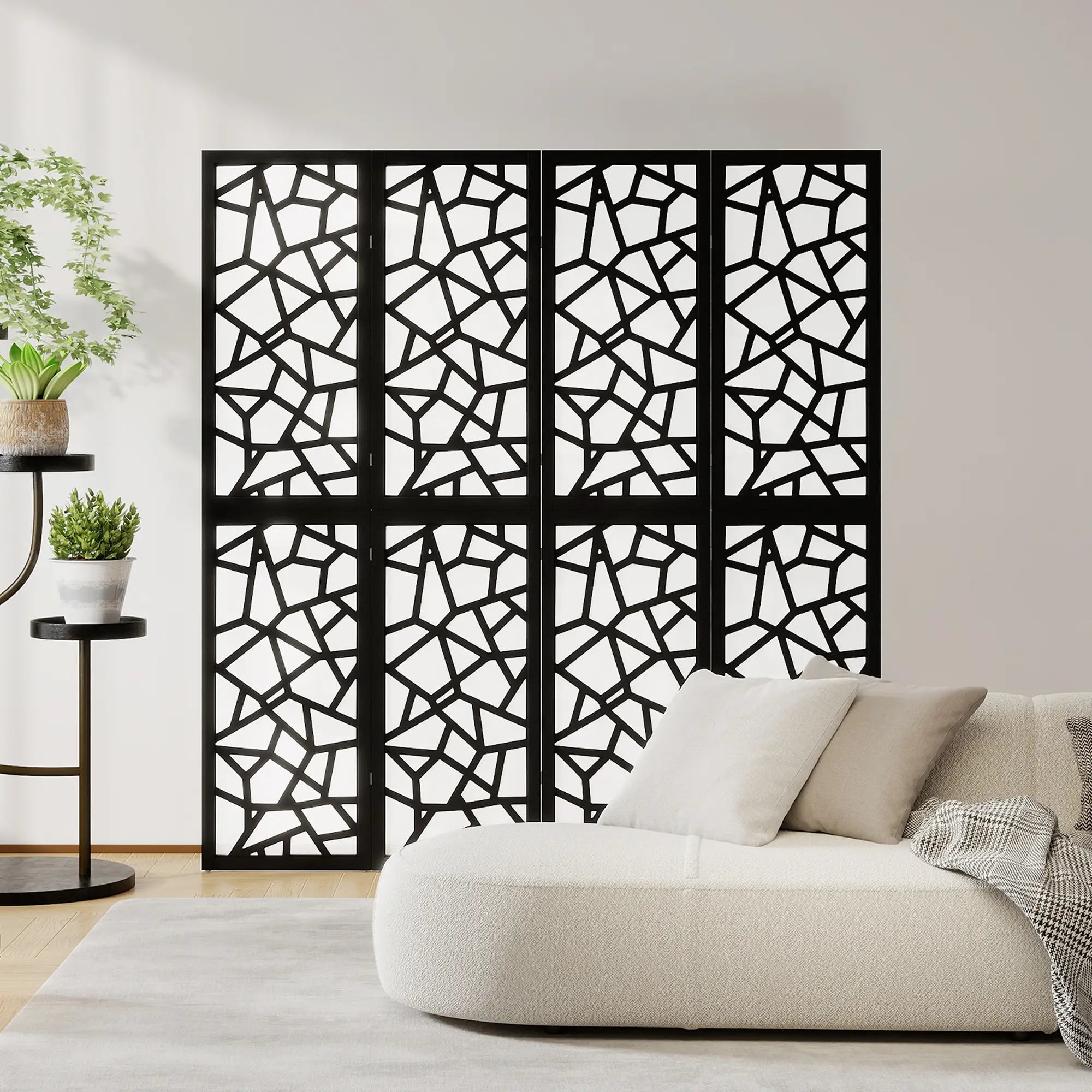 4 Panel Room Divider, 5.6 FT, Geometric Pattern Privacy Screen, Black Room Dividers at Gallery Canada