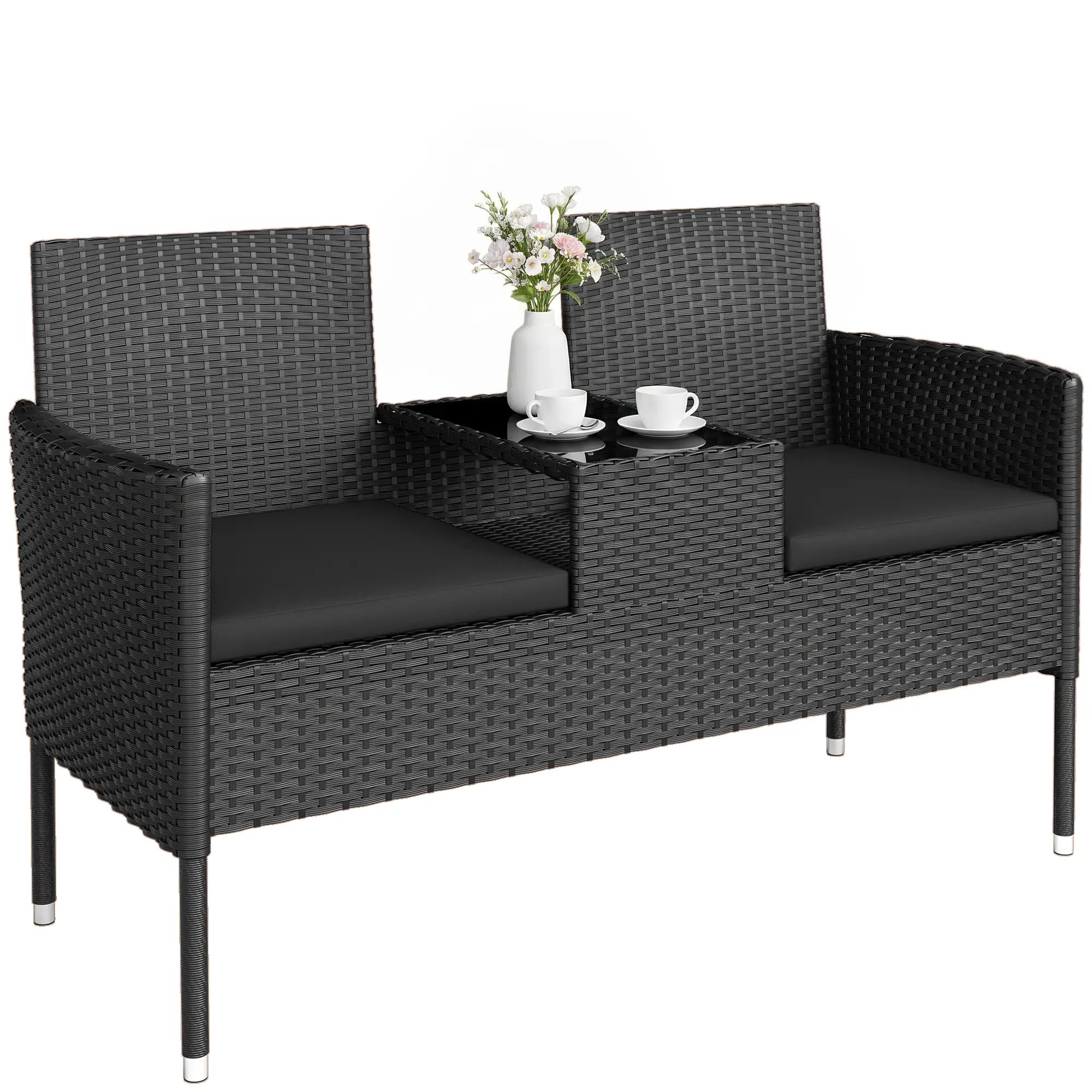 PE Rattan Loveseat with Cushion, Mid-Table, Black Patio Chairs at Gallery Canada