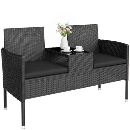 PE Rattan Loveseat with Cushion, Mid-Table, Black Patio Chairs at Gallery Canada