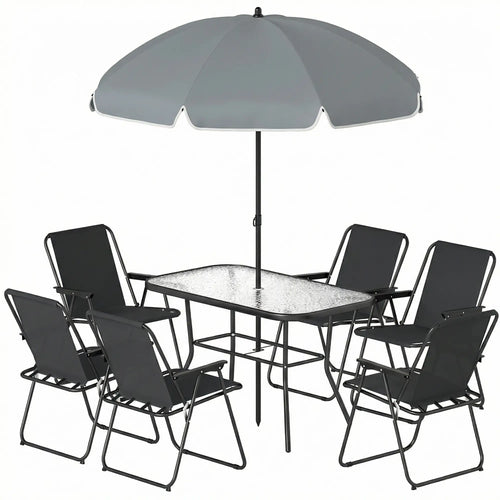 8 Piece Patio Set, Folding Chairs, Tempered Glass Tabletop, Black