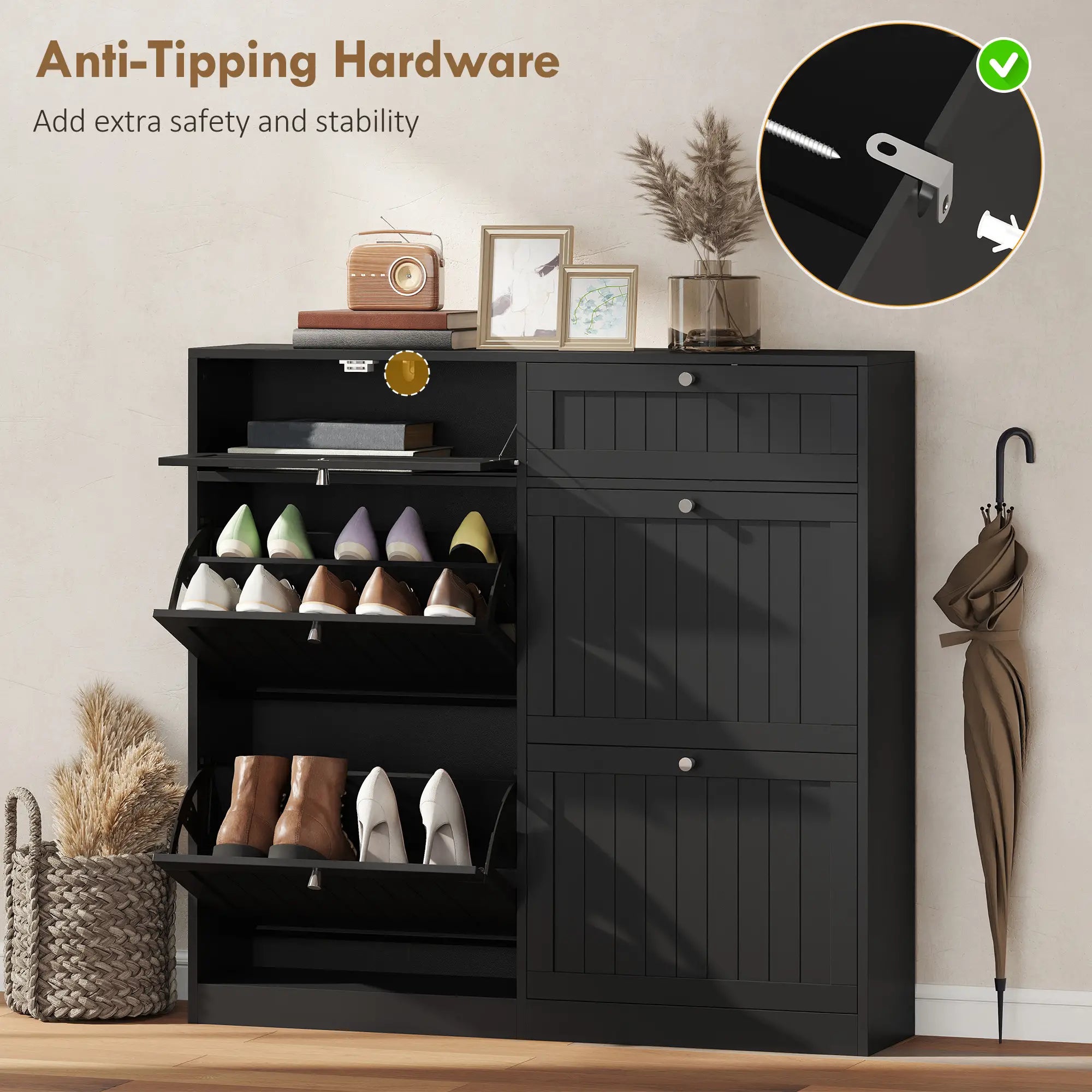 Shoe Cabinet With 2 Large Flip Drawers, Farmhouse Narrow, Black Shoe Storage Cabinets & Racks at Gallery Canada