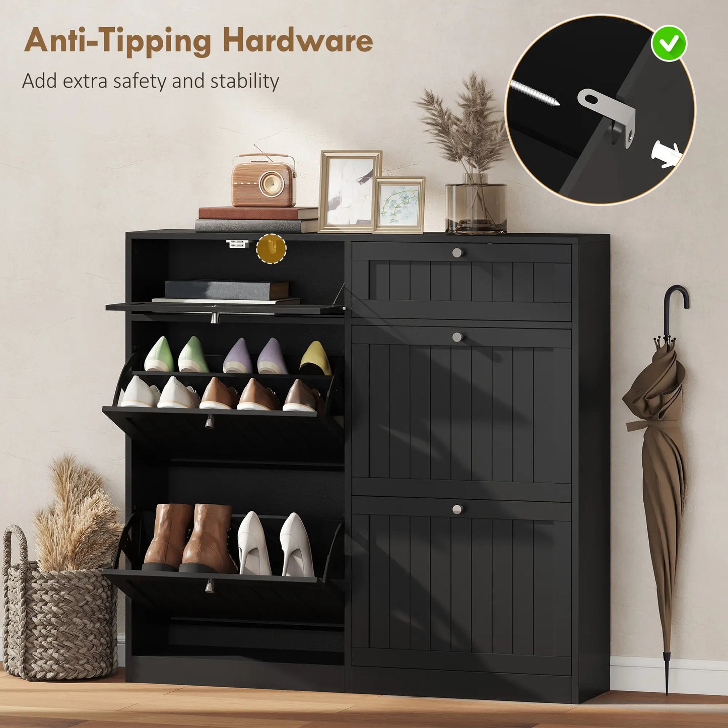 Shoe Cabinet With 2 Large Flip Drawers, Farmhouse Narrow, Black Shoe Storage Cabinets & Racks at Gallery Canada
