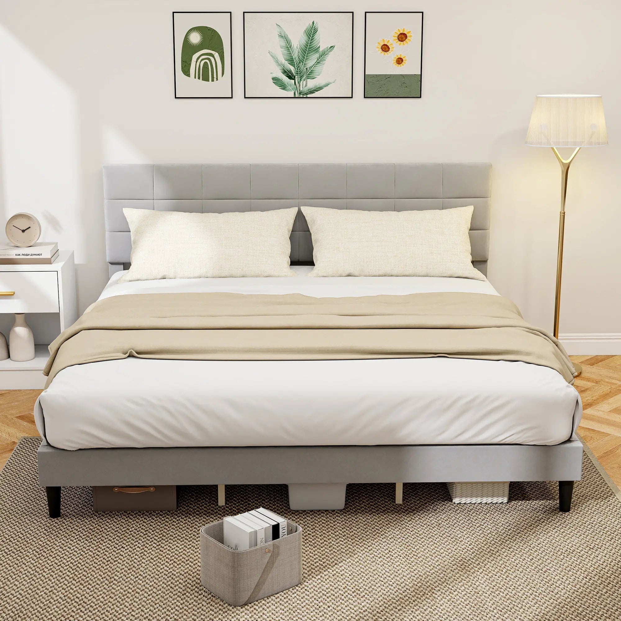 King Size Bed Frame, Upholstered Headboard, Wood Slats, 1100 lbs, Grey Bed Frames at Gallery Canada