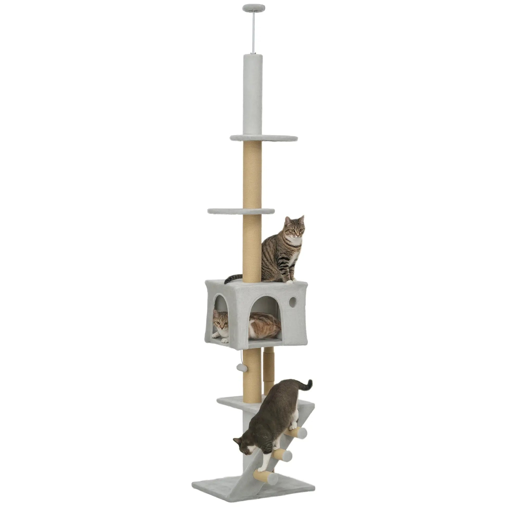 89"-104" Cat Tree, Scratching Post, Cat House, 3-Steps, Hanging Ball, Light Grey Floor to Ceiling Cat Trees at Gallery Canada